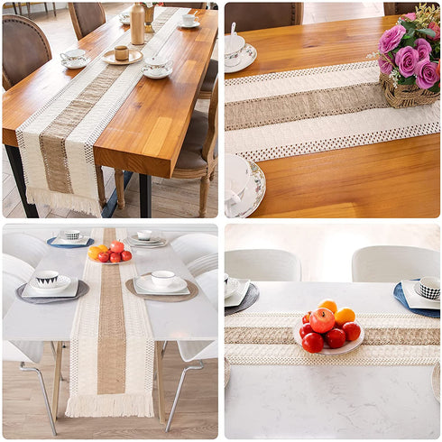 AerWo Macrame Table Runner Splicing Cotton and Burlap Table Runner, Woven Table Runner Farmhouse Style with Tassels Boho Table Runner for Wedding Bridal Shower Home Dining Table Decor, 12 x 72 Inch