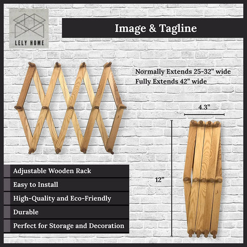 Expandable Wooden Coat Rack Hanger - Retro Wall Mounted Accordion Peg Rack - 13 Coat Hooks for Mugs, Hats, Bags - Business or Home Decor and Organization (Natural Wood)