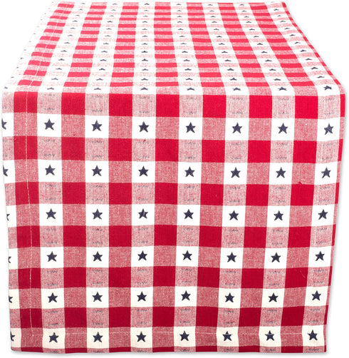 DII Patriotic Stars Check Tabletop Collection for 4th of July Entertaining, Summer Barbeques, Picnics, Indoor/Outdoor Meals, Table Runner, 14x108