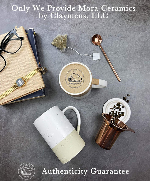 Mora Ceramics Tea Cup with Loose Leaf Infuser, Spoon and Lid, 12 oz, Microwave and Dishwasher Safe Coffee Mug - Rustic Matte Ceramic Glaze, Modern Herbal Tea Strainer - Great Gift for Women, Limestone