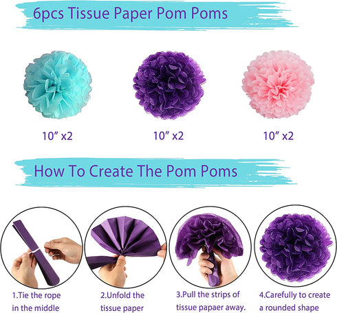 Mermaid Party Supplies Birthday Decorations, Happy Birthday Banners, Pom Poms Flowers, Hanging Swirl, Inflatable and Reusable Foil Balloons for Girl's Birthday Party and Baby Shower Party Decorations
