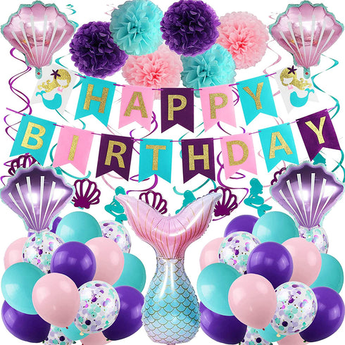 Mermaid Party Supplies Birthday Decorations, Happy Birthday Banners, Pom Poms Flowers, Hanging Swirl, Inflatable and Reusable Foil Balloons for Girl's Birthday Party and Baby Shower Party Decorations