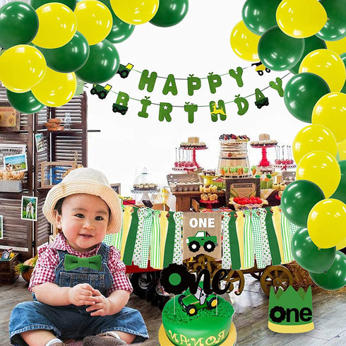 PRATYUS Farm Green Tractor First Birthday Party Decoration With Green Birthday Banner,Baby Crown Hat, Tie and Cake Topper for Baby Girl Boy Photo Booth Props