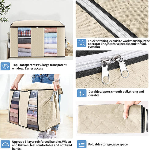 Blanket Comforter Clothes Storage Bags with Reinforced Handle, Extra Large Capacity Bedding Storage Organizer 90L, Under Bed Storage Bags 3 Layer Fabric with Zipper (white, 3 pack)