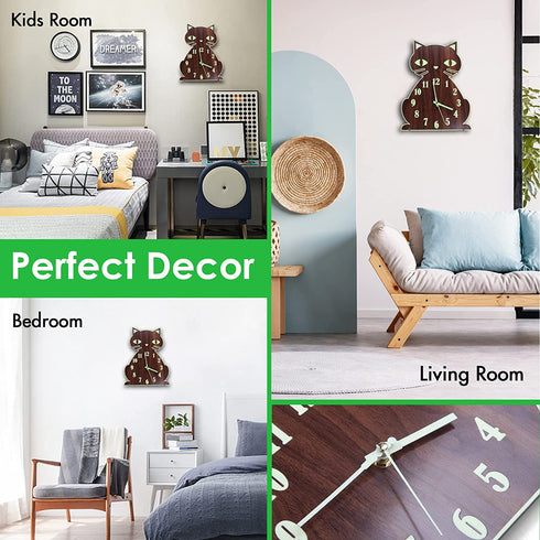 Lantoo Night Light Wall Clock, Luminous Wall Clock with Numerals & Hands Glow in Dark, Cat Wooden Wall Clock, Entirely Silent Wall Clocks Battery Operated for Kitchen Living Room Bedroom