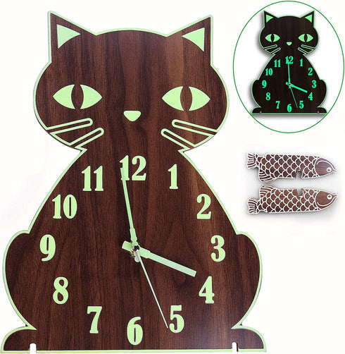 Lantoo Night Light Wall Clock, Luminous Wall Clock with Numerals & Hands Glow in Dark, Cat Wooden Wall Clock, Entirely Silent Wall Clocks Battery Operated for Kitchen Living Room Bedroom