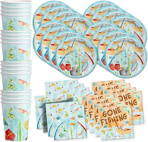 Little Fisherman Fishing Birthday Party Supplies Set Plates Napkins Cups Tableware Kit for 16