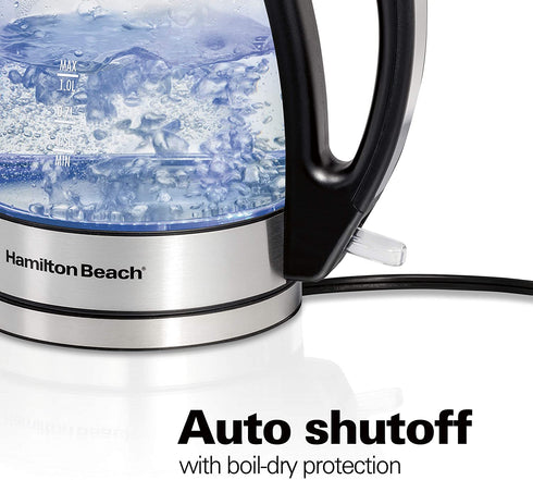 Hamilton Beach Glass Electric Tea Kettle, Water Boiler & Heater, 1 L, Cordless, LED Indicator, Auto-Shutoff & Boil-Dry Protection (40930), Clear