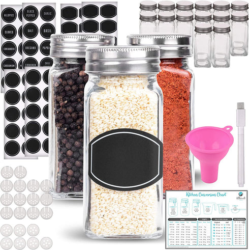 Spice Jars - Spice Containers - Spice Jar - 14 Square Glass Spice Bottles (4 oz) with 60 Chalkboard Labels, Chalk Marker, Stainless Steel Lid, Shaker Insert Tops, Funnel - Complete Organizer Set