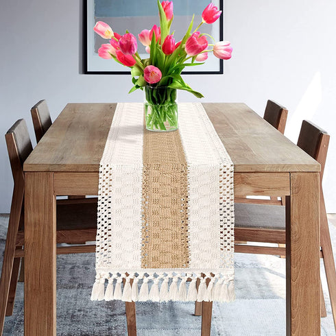 Senneny Macrame Table Runner, Cream Beige Boho Table Runner with Tassels, Hand Woven Cotton and Burlap Splicing Table Runner, Rustic Farmhouse Table Runner for Bohemian, Fall, Kitchen Dining Table