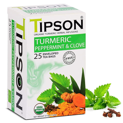 Tipson Organic Turmeric Caffeine Free Herbal Tea - Organic Peppermint and Cloves - 25 Foil Enveloped Double Chambered Bags - Keto/Paleo - Basilur