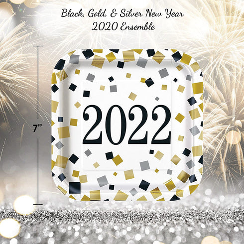 Unique 2022 Black Gold & Silver New Year Dinnerware Party Bundle | Square Dinner & Dessert Plates, Dessert Napkins | Decorations NYE Disposable Table Paper Set Supplies
