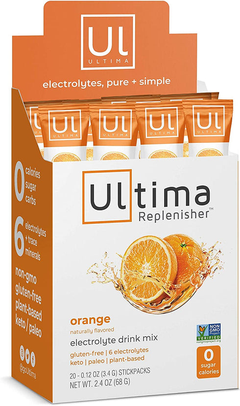 Ultima Replenisher Electrolyte Hydration Powder, Orange, 20 Count Stickpacks - Sugar Free, 0 Calories, 0 Carbs - Gluten-Free, Keto, Non-GMO with Magnesium, Potassium, Calcium, 2.4 Ounce (Pack of 1)