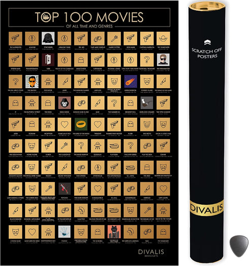 Top 100 Movies Scratch Off Poster - Films of all Time Bucket List - 24x16" Easy to Frame Scratchable Cinema Checklist Poster - Must See Movie Challenge - 100 Essential Movies Scratch off Calendar with Scratcher Included - Greatest Movies for Family to Wat