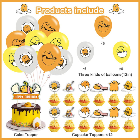 82 Pieces Lazy egg Party Supplies, Gudetama Themed Birthday Party Decoration included Banner, Latex Balloon, Cake Topper, Cupcake Toppers, 50pcs Stickers for Lazy egg Party Decoration.