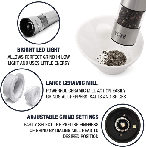 Electric Salt or Pepper Grinder - Battery Operated Ceramic Burr Peppermill Shaker - Automatic Stainless Steel Grinders - Mill With LED Light by Epar©