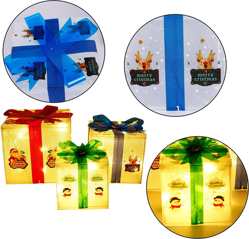 Glory Island Christmas Decorations Lighted Boxes, Set of 3 Lighted Merry Box, Santa Claus Snowman Pattern Box for Xmas Tree Indoor Outdoor Home Fireplace Yard Garden