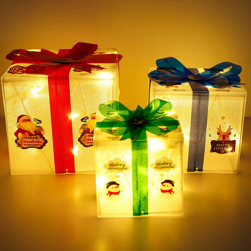 Glory Island Christmas Decorations Lighted Boxes, Set of 3 Lighted Merry Box, Santa Claus Snowman Pattern Box for Xmas Tree Indoor Outdoor Home Fireplace Yard Garden