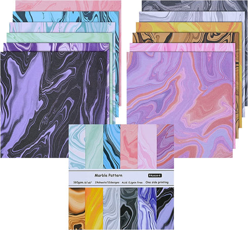 YARUMI Marble Pattern Scrapbook Paper, Single-Sided 6"×6" Patterned Paper Collection, Colorful Scrapbooking Paper Pad 160Gsm Cardstock Die-Cut Backgrounds Arts Crafts DIY Origami Decoupage - 24 Pages