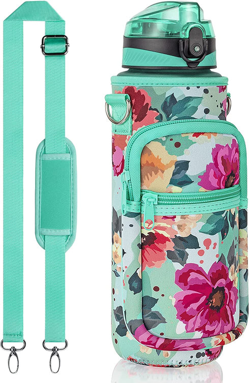 32 oz Water Bottle with Sleeve - BPA Free Leakproof Sport Large 1L Plastic Motivational Water Bottle with Straw & Strap & Insulated Neoprene Holder Carrier Bag Great Xmas Gift for Kids Women Men