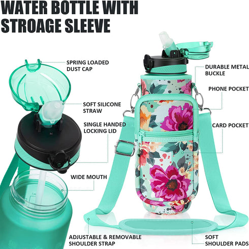 32 oz Water Bottle with Sleeve - BPA Free Leakproof Sport Large 1L Plastic Motivational Water Bottle with Straw & Strap & Insulated Neoprene Holder Carrier Bag Great Xmas Gift for Kids Women Men