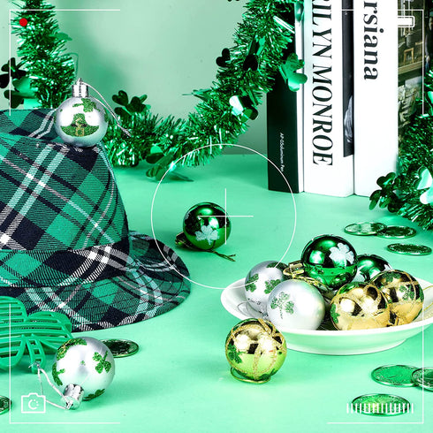 12 Pieces St. Patrick's Day Hanging Ornament Ball Green Shamrocks Plastic Ball Ornament 1.57 Inch Good Luck Clover Hat Balls Decorations Baubles with Hanging Rope for St. Patrick's Day Party Supplies