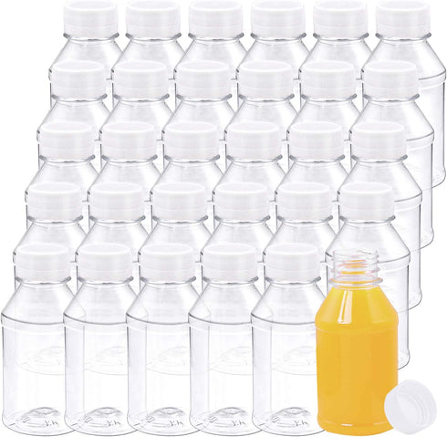 ANECO 30 Pack 4 Ounce Empty Plastic Juice Bottles Reusable Drink Containers with Lids Ideal for Storing Juices, Water and Other Homemade Beverages