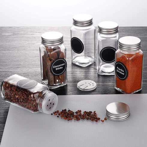 Spice Jars - Spice Containers - Spice Jar - 14 Square Glass Spice Bottles (4 oz) with 60 Chalkboard Labels, Chalk Marker, Stainless Steel Lid, Shaker Insert Tops, Funnel - Complete Organizer Set