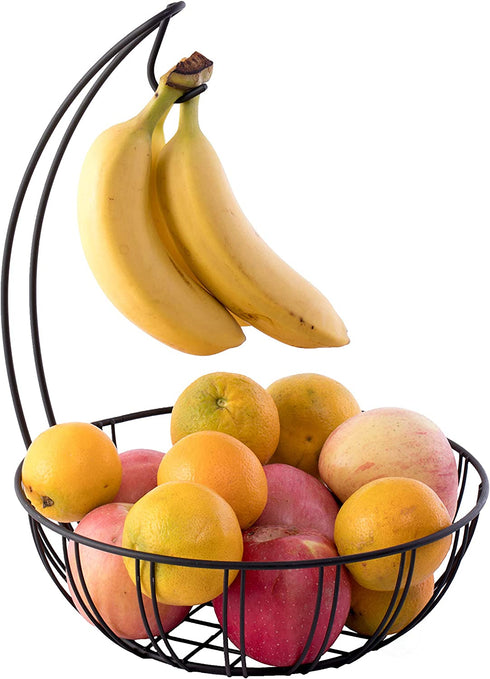 Basicwise Wire Metal Fruit Basket Holder with Banana Hanger, Black, (QI003494)