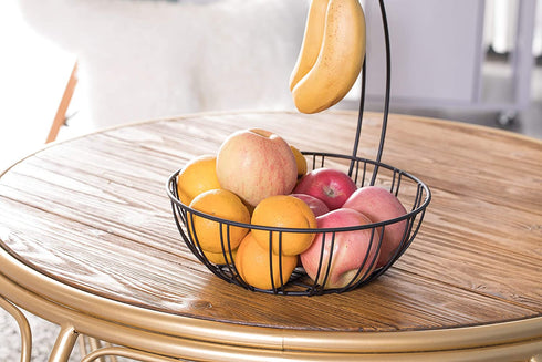 Basicwise Wire Metal Fruit Basket Holder with Banana Hanger, Black, (QI003494)