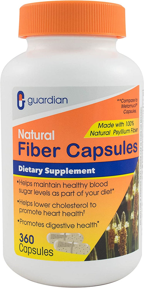 Guardian Fiber Capsules, Natural Psyllium Husk Supplement, 360 Count (520mg per Capsule), Fiber Pills