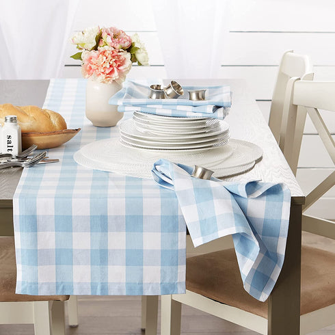 DII Buffalo Check Collection, Classic Farmhouse Table Runner, 14x108, Light Blue & White