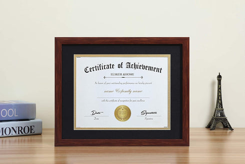 ELSKER&HOME 8.5x11 Certificate Frame - Classic Coffee Color Frame - Displays Diploma 8.5x11 Inch with Mat - 11x14 Inch Without Mat - For Document/Photo(One Pack - Matte Black with Gold Rim)