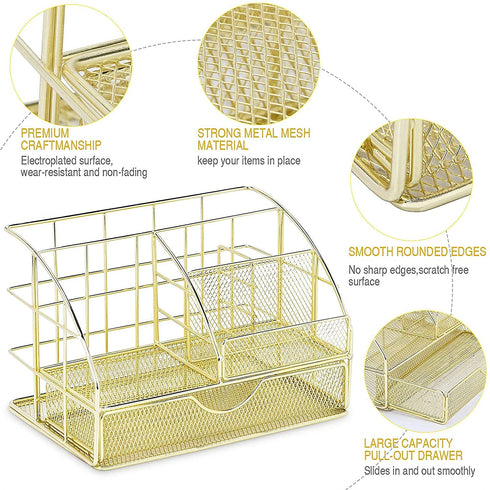 Upgraded Desk Organizer for Women, Cute Mesh Office Supplies Accessories Essentials Caddy with Drawer for Home & Office Desktop Organization & Decor, Gold