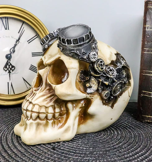 Ebros Geared Steampunk Pilot Aviator Robotic Skull Statue Victorian Industrial Sci Fi Decor Figurine with Painted 3D Protruding Gearwork Mechanism Design