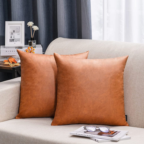 UINI Faux Leather Pillow Covers, Set of 2 Leather Pillow Covers 18x18 Inch, Modern Farmhouse Luxury Decorative Pillowcase, Boho Cushion Covers for Couch, Living Room, Sofa