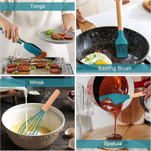 TeamFar 12Pcs Kitchen Cooking Utensils Set, Silicone Kitchen Gadgets Utensil Set for Nonstick Cookware with Wooden Handle, Spatula Spoon Turner, Non-Toxic & Non-Stick, Heat-Resistant, Blue