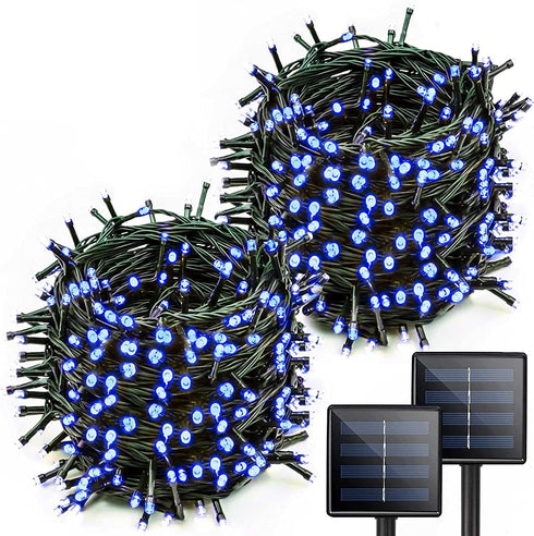 Blue Extra-Long 2-Pack Each 72FT 200 LED Solar String Lights Outdoor, Waterproof Green Wire 8 Lighting Modes Solar Christmas Lights for Garden Patio Tree Party Wedding Decorations (Blue)