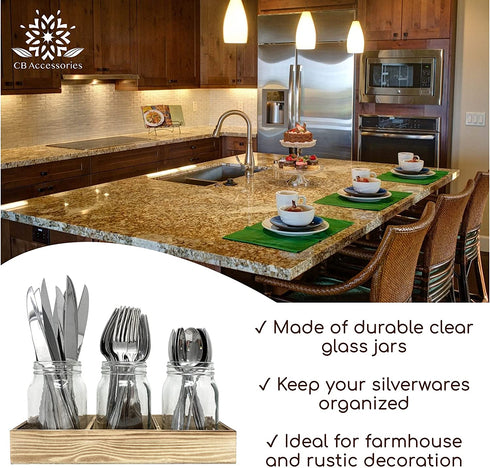 Mason Jar Glass Utensil Holder Flatware Caddy Silverware Organizer for Spoons, Knives and Forks with Rustic Wood Tray for Farmhouse Kitchen Decor and Countertop