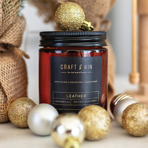 Leather Candle | Premium Scented Candles for Men & Women | All-Natural Soy Candles, Rustic Home Decor Scented Candles | Ultra Clean Burn Amber Jar Candles, Non-Toxic Aromatherapy Candles