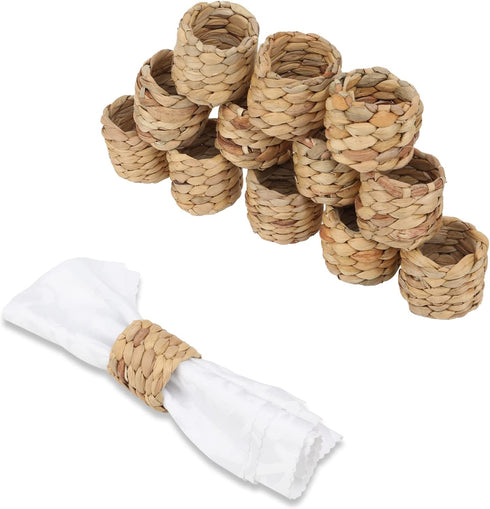 12pcs Round Woven Napkin Ring, Rustic Napkin Ring Holders Handmade by Natural Water Hyacinth, Farmhouse Napkin Rings, Set of 12 Napkin Rings