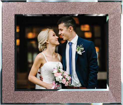 EXCELLO GLOBAL PRODUCTS Decorative Picture Frame 8"x10" Photo Holder with Shimmering Rose Gold Glitter Border. Use Standing with Included Easel or Ready to Hang.