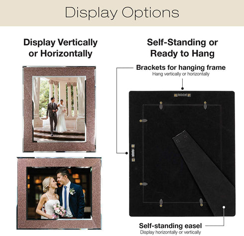 EXCELLO GLOBAL PRODUCTS Decorative Picture Frame 8"x10" Photo Holder with Shimmering Rose Gold Glitter Border. Use Standing with Included Easel or Ready to Hang.