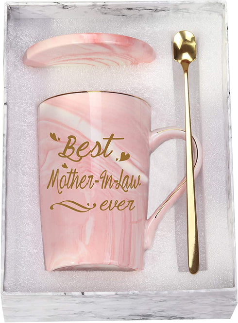 Mother In Law Coffee Mugs Best Mother In Law Coffee Mug Best Mother In Law Gifts Birthday Mothers Day Best Mother In Law Gifts from Daughter Son In Law 14 Ounce Pink with Gift Box Spoon Coaster