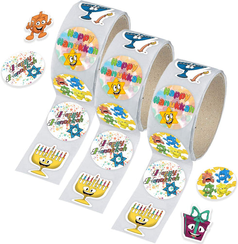 Hanukkah Sticker Roll, Chanukkah Menorah with Candle, Gift-Box, Dreidel, Happy Hanukkah Sticker Roll 150 Count (3-Pack)