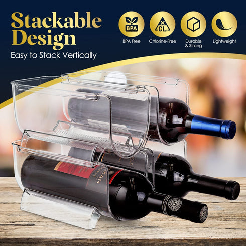Homeries Wine & Water Bottle Organizer Holder Stackable Wine Rack for Kitchen Countertops, Table Top, Pantry, Fridge, Bars Acrylic, Free Standing Wine Shelf Holds Beer, Pop, Soda & Cans (4 Racks)