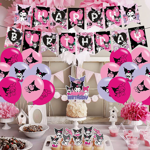 Kuromi Party Decorations,Birthday Party Supplies For Kuromi Party Supplies Includes Banner - Cake Topper - 12 Cupcake Toppers - 18 Balloons - 50 Kuromi Stickers