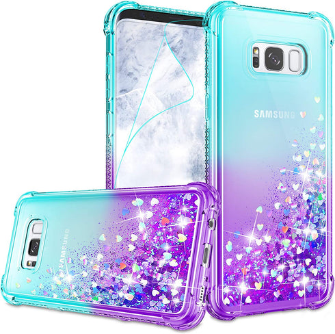 Gritup Galaxy S8 Case, Galaxy S8 Phone Case with HD Screen Protector for Girls Women, Cute Clear Gradient Glitter Liquid TPU Slim Phone Case for Samsung Galaxy S8 Teal/Purple