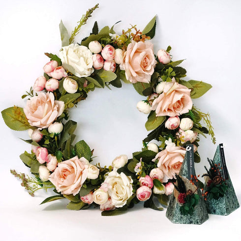 Rose Wreath Floral Wreath Classic Handmade Flowers for Front Door Wall Wedding Party Christmas Home Decor (13"-Pink)