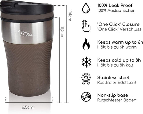 Milu Insulated Travel Coffee Mug 7oz - Hot & Cold Travel Mug - Double Wall Vacuum Insulated Cup for Coffee, Tea & Drinks - Spill Proof (Brown, 7oz (210ml))